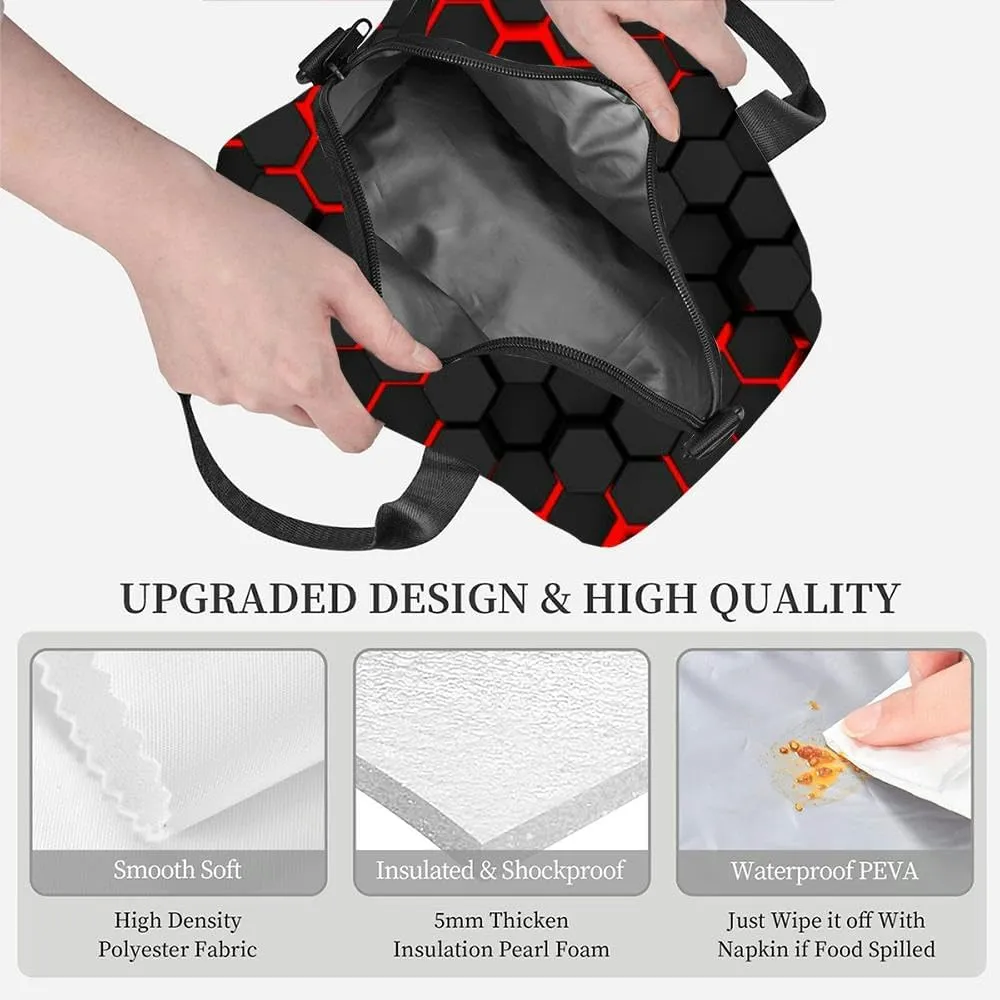 black hexagons red outlines Insulated Adult Lunch Bag with Shoulder Strap for Women Lightweight Reusable Portable Freezable Lunch Tote Bag for Work Picnic