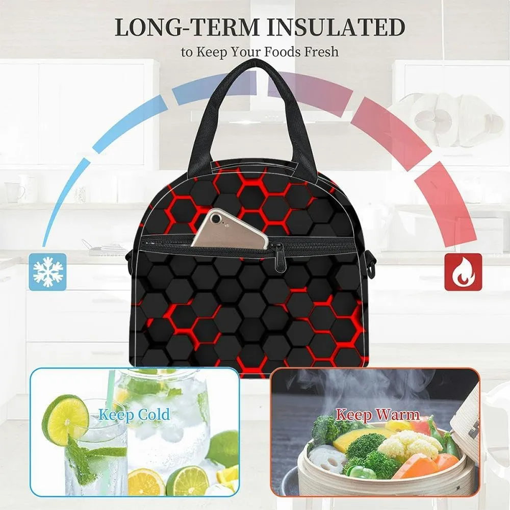 black hexagons red outlines Insulated Adult Lunch Bag with Shoulder Strap for Women Lightweight Reusable Portable Freezable Lunch Tote Bag for Work Picnic