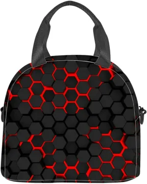 black hexagons red outlines Insulated Adult Lunch Bag with Shoulder Strap for Women Lightweight Reusable Portable Freezable Lunch Tote Bag for Work Picnic