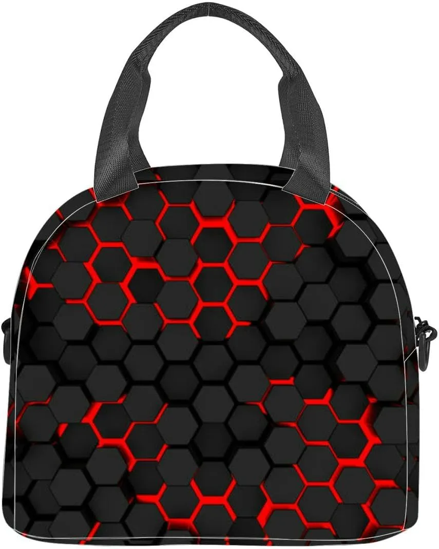 black hexagons red outlines Insulated Adult Lunch Bag with Shoulder Strap for Women Lightweight Reusable Portable Freezable Lunch Tote Bag for Work Picnic