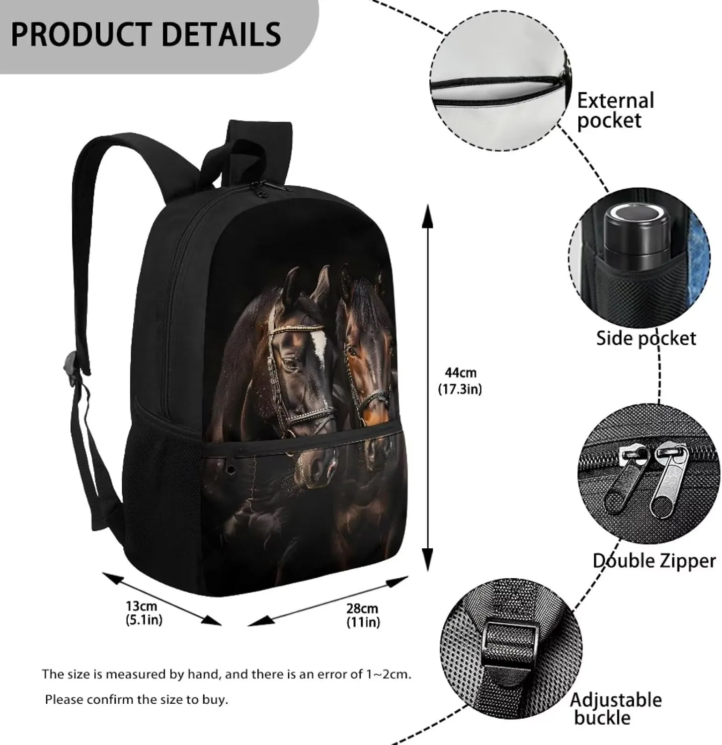 Black Horse Print Kids Backpack for Girls Preschool Elementary Kindergarten School Bag 17″ Cute Large Capacity
