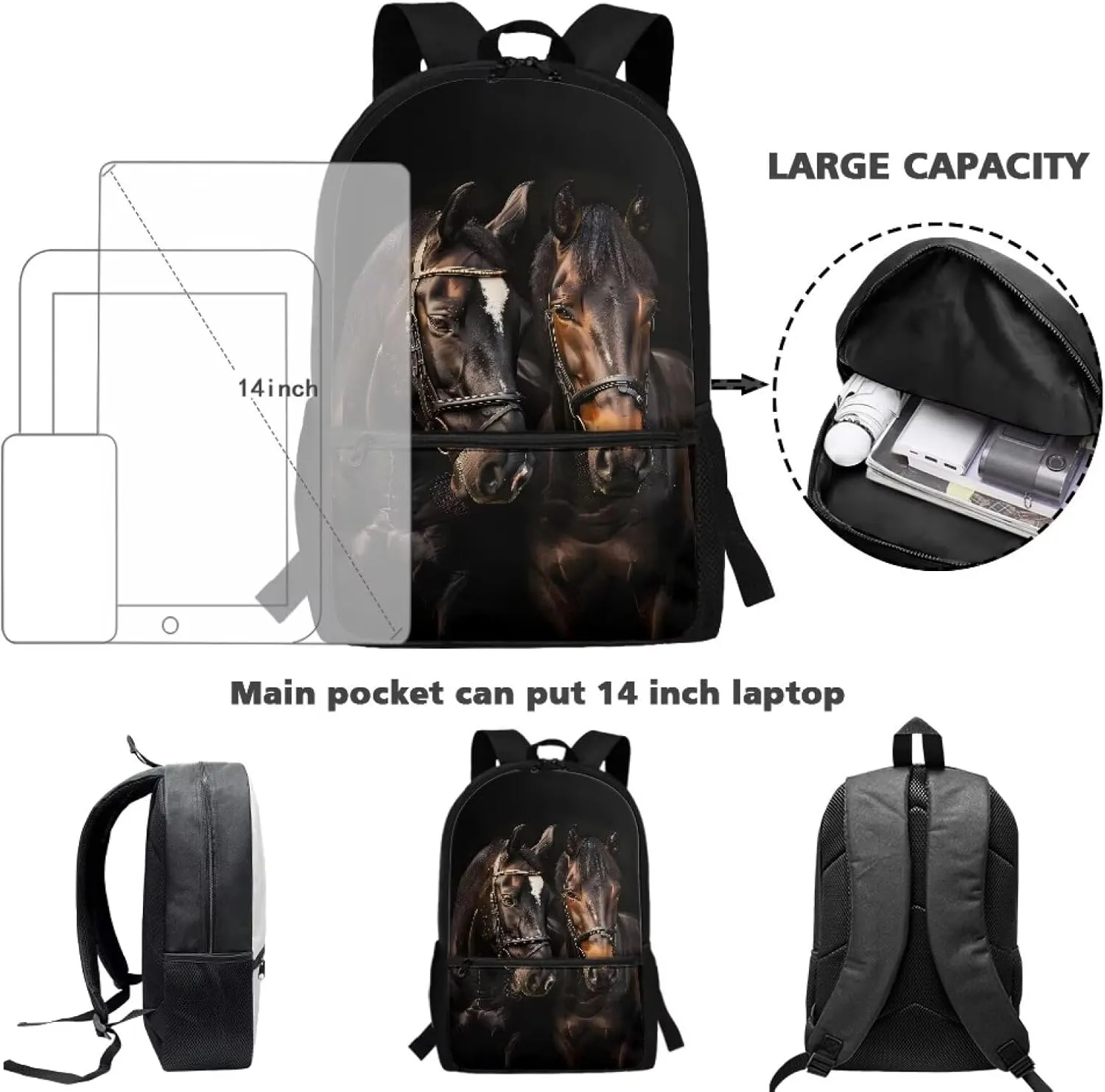 Black Horse Print Kids Backpack for Girls Preschool Elementary Kindergarten School Bag 17″ Cute Large Capacity