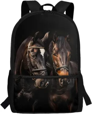 Black Horse Print Kids Backpack for Girls Preschool Elementary Kindergarten School Bag 17″ Cute Large Capacity