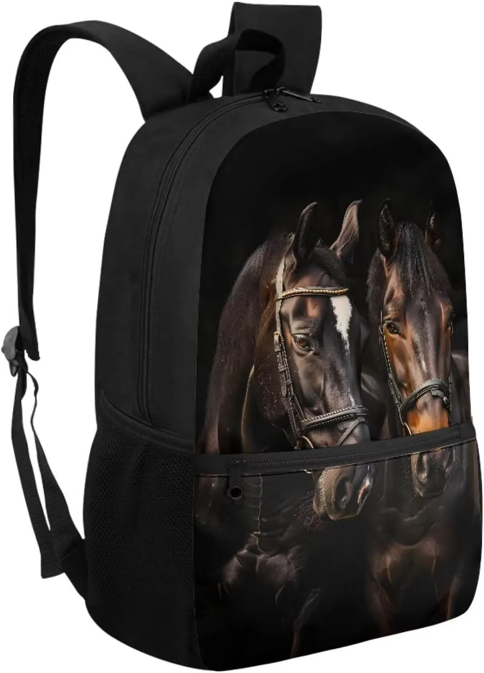 Black Horse Print Kids Backpack for Girls Preschool Elementary Kindergarten School Bag 17″ Cute Large Capacity