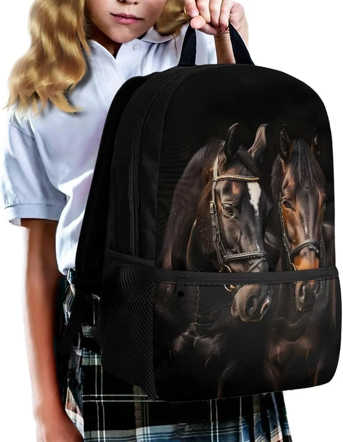 Black Horse Print Kids Backpack for Girls Preschool Elementary Kindergarten School Bag 17″ Cute Large Capacity