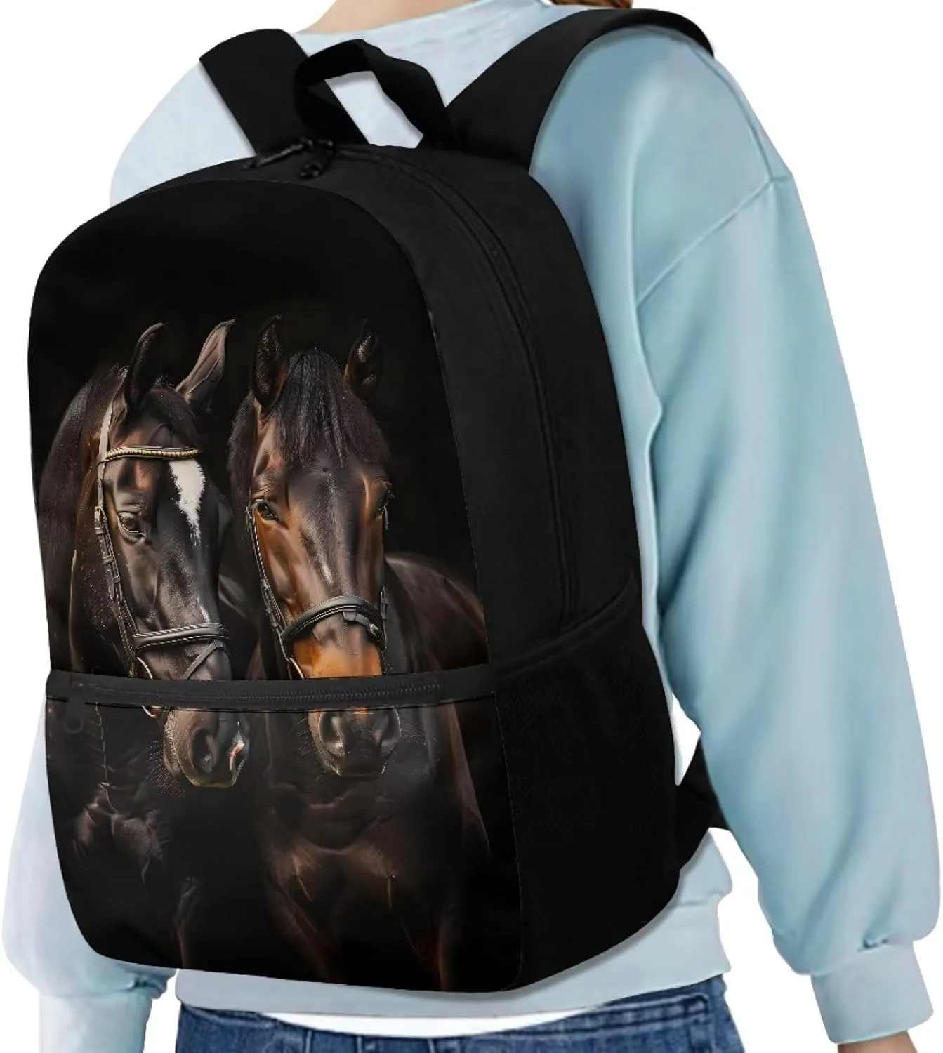 Black Horse Print Kids Backpack for Girls Preschool Elementary Kindergarten School Bag 17″ Cute Large Capacity