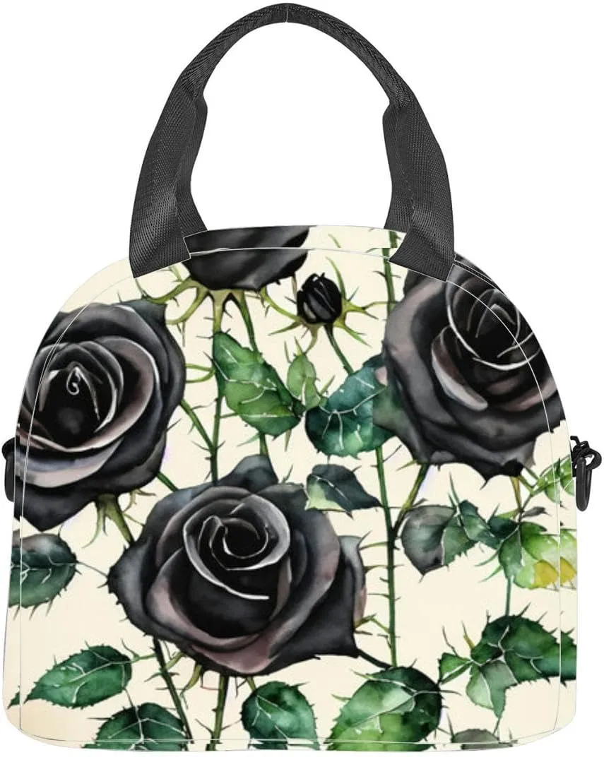 Black Roses Thorns and Leaves Insulated Adult Lunch Bag with Shoulder Strap for Women Lightweight Reusable Portable Freezable Lunch Tote Bag for Work Picnic