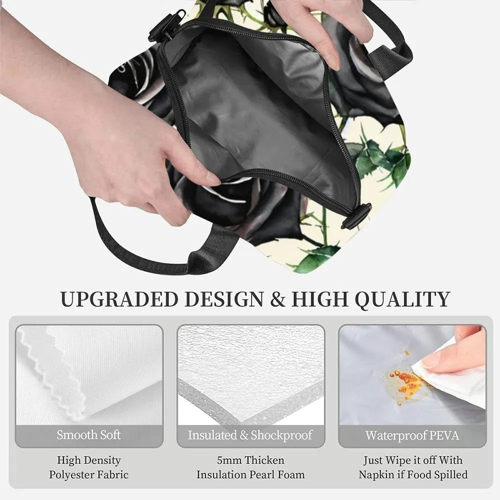 Black Roses Thorns and Leaves Insulated Adult Lunch Bag with Shoulder Strap for Women Lightweight Reusable Portable Freezable Lunch Tote Bag for Work Picnic