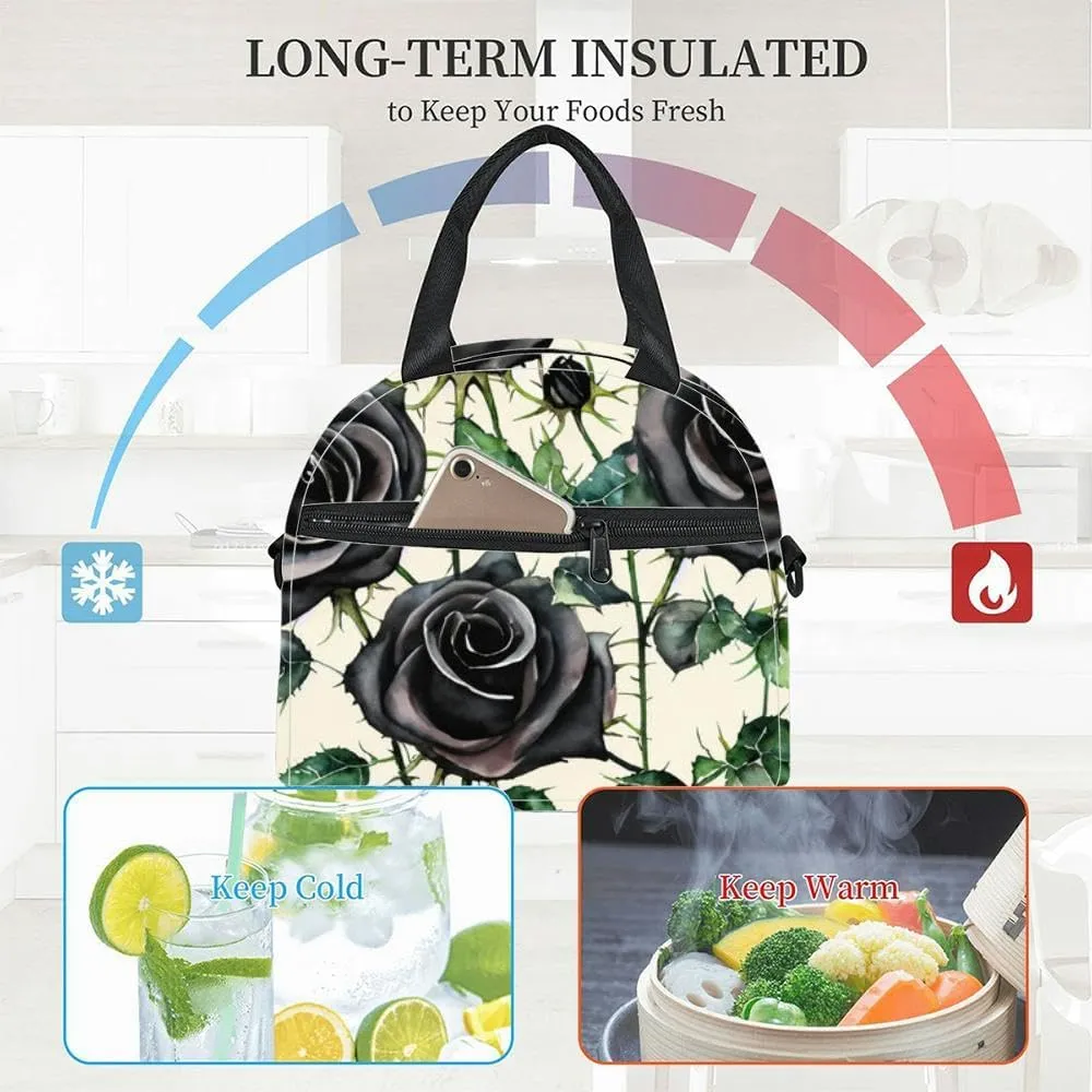 Black Roses Thorns and Leaves Insulated Adult Lunch Bag with Shoulder Strap for Women Lightweight Reusable Portable Freezable Lunch Tote Bag for Work Picnic