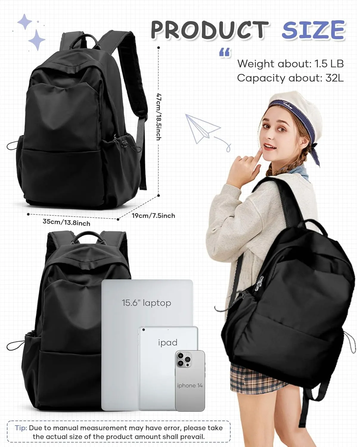 Black School Backpack Large Middle High School Book Bag for Boys Girls Elementary School Bag Back to School Bag for Teens 18" Mochila Escolar para Niños Adolescentes Gifts