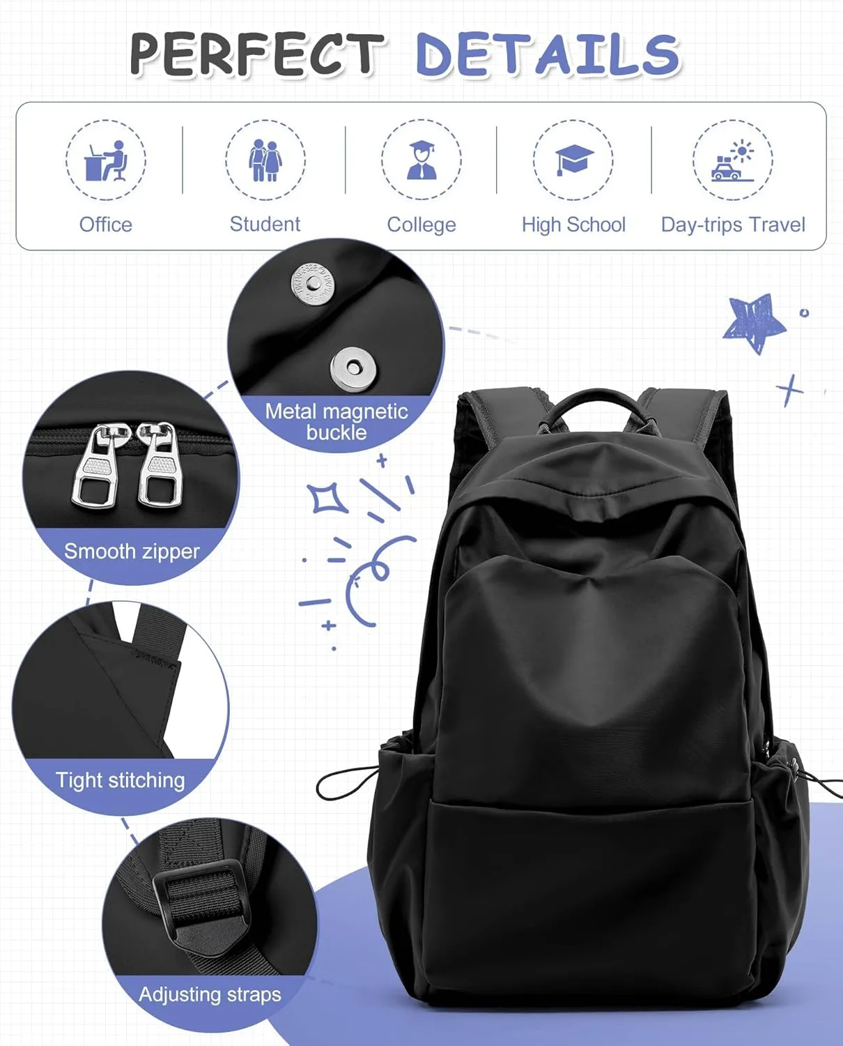 Black School Backpack Large Middle High School Book Bag for Boys Girls Elementary School Bag Back to School Bag for Teens 18" Mochila Escolar para Niños Adolescentes Gifts