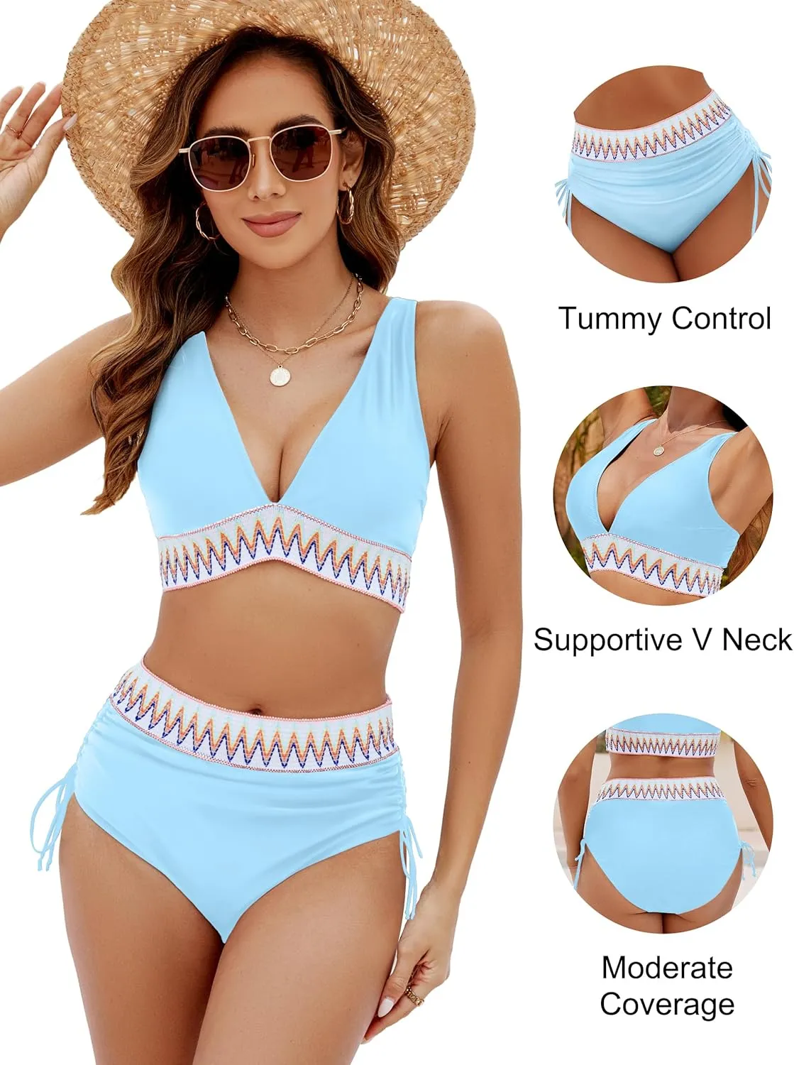 Blooming Jelly Women High Waisted Bikini Sets Tummy Control Swimsuits Color Block Two Piece Drawstring Bathing Suit