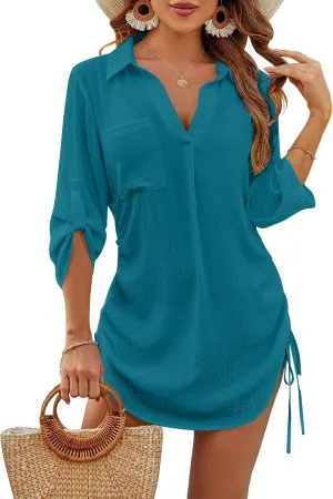 Blooming Jelly Womens Bathing Suit Cover Ups Bikini Swimsuit Coverup Drawstring Beach Dress Shirt