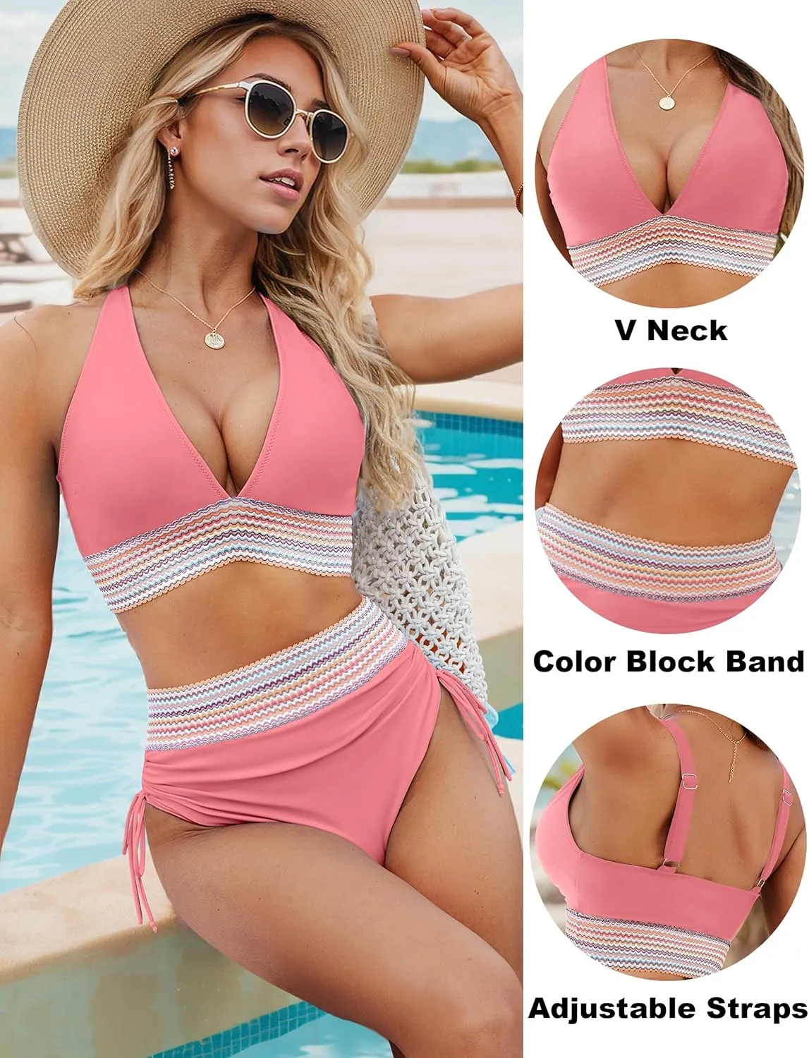 Blooming Jelly Womens High Waisted Bikini Sets Color Block Tummy Control Swimsuits Drawstring Two Piece Bathing Suit