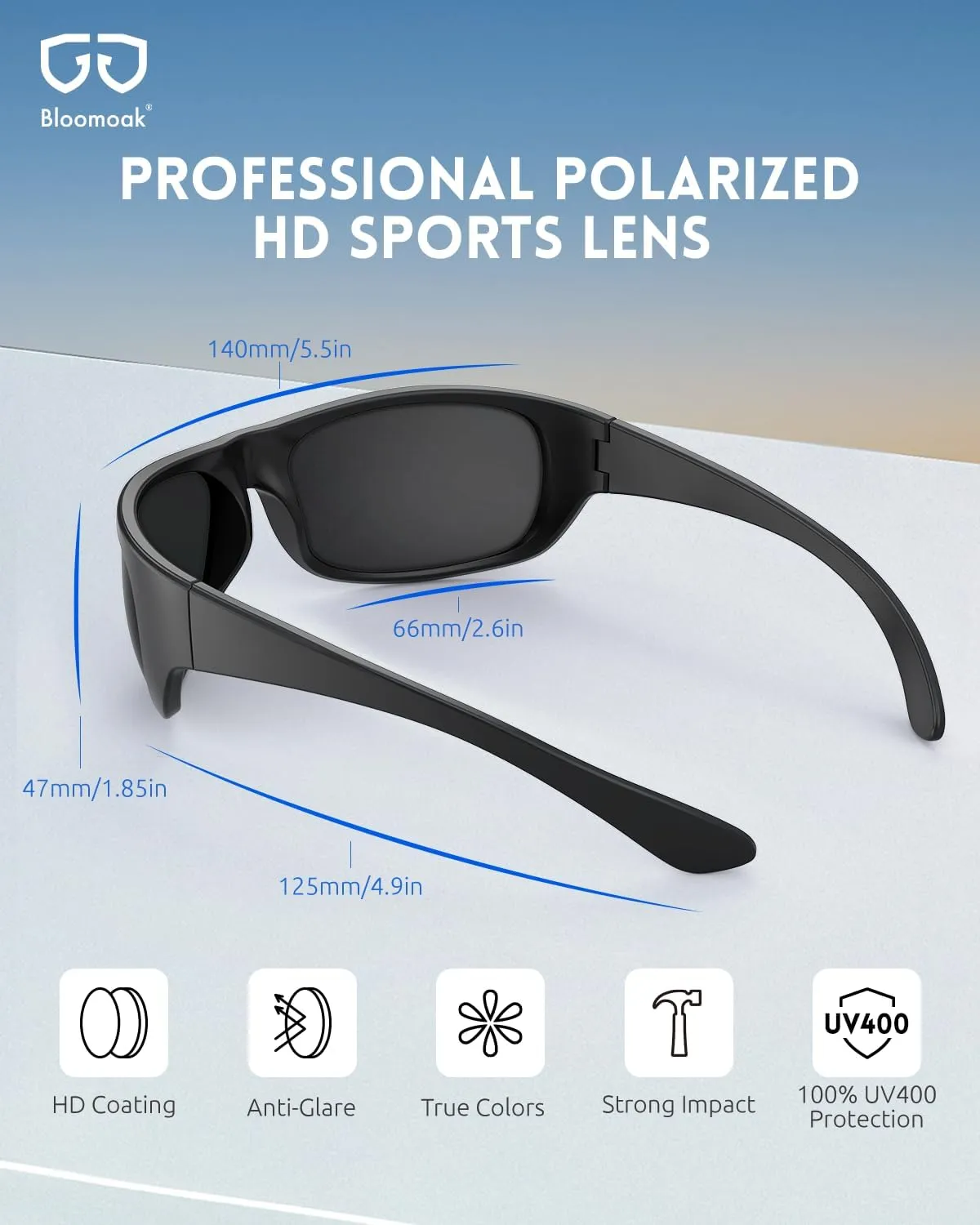 Bloomoak Super Dark Lens Black Polarized Sunglasses | Wrap Around Sport Sunglasses Unisex | UV400 | CAT 4 | For Photophobia