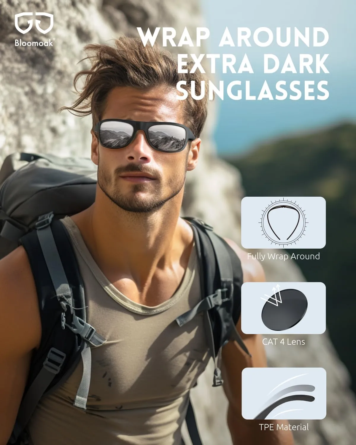Bloomoak Super Dark Lens Black Polarized Sunglasses | Wrap Around Sport Sunglasses Unisex | UV400 | CAT 4 | For Photophobia