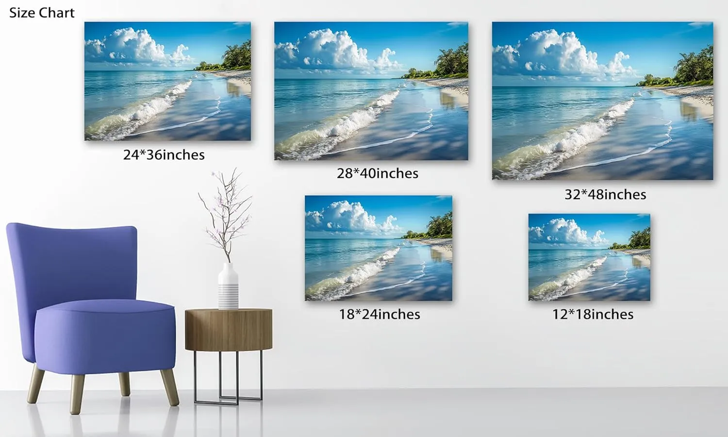 Blue Beach Wall Art, Sunny Coastal Sea Landscape Picture, Ocean Beach Theme Canvas Print Modern Seascape Paintings for Office Bathroom Living Room Wall Art Decor, Framed Seaside Artwork 28x40 Inch