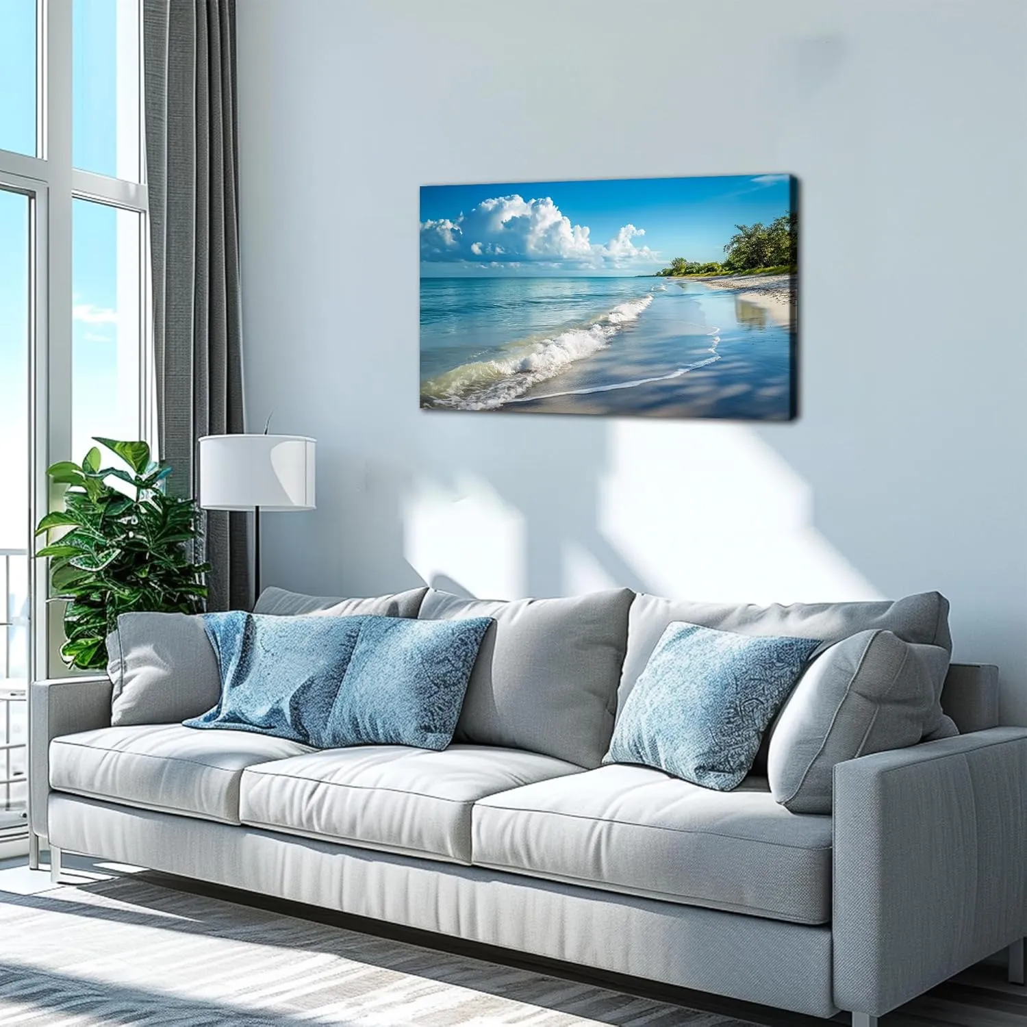 Blue Beach Wall Art, Sunny Coastal Sea Landscape Picture, Ocean Beach Theme Canvas Print Modern Seascape Paintings for Office Bathroom Living Room Wall Art Decor, Framed Seaside Artwork 28x40 Inch