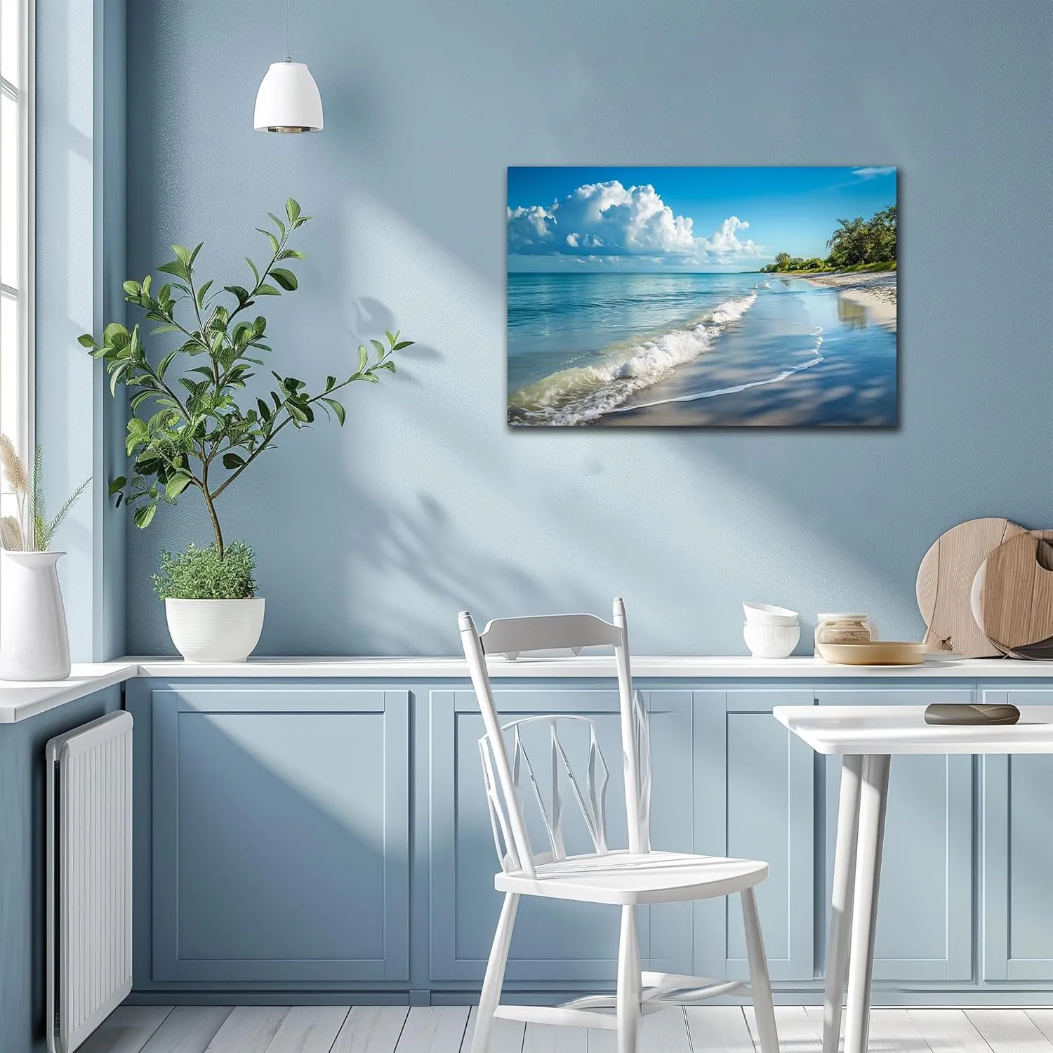 Blue Beach Wall Art, Sunny Coastal Sea Landscape Picture, Ocean Beach Theme Canvas Print Modern Seascape Paintings for Office Bathroom Living Room Wall Art Decor, Framed Seaside Artwork 28x40 Inch