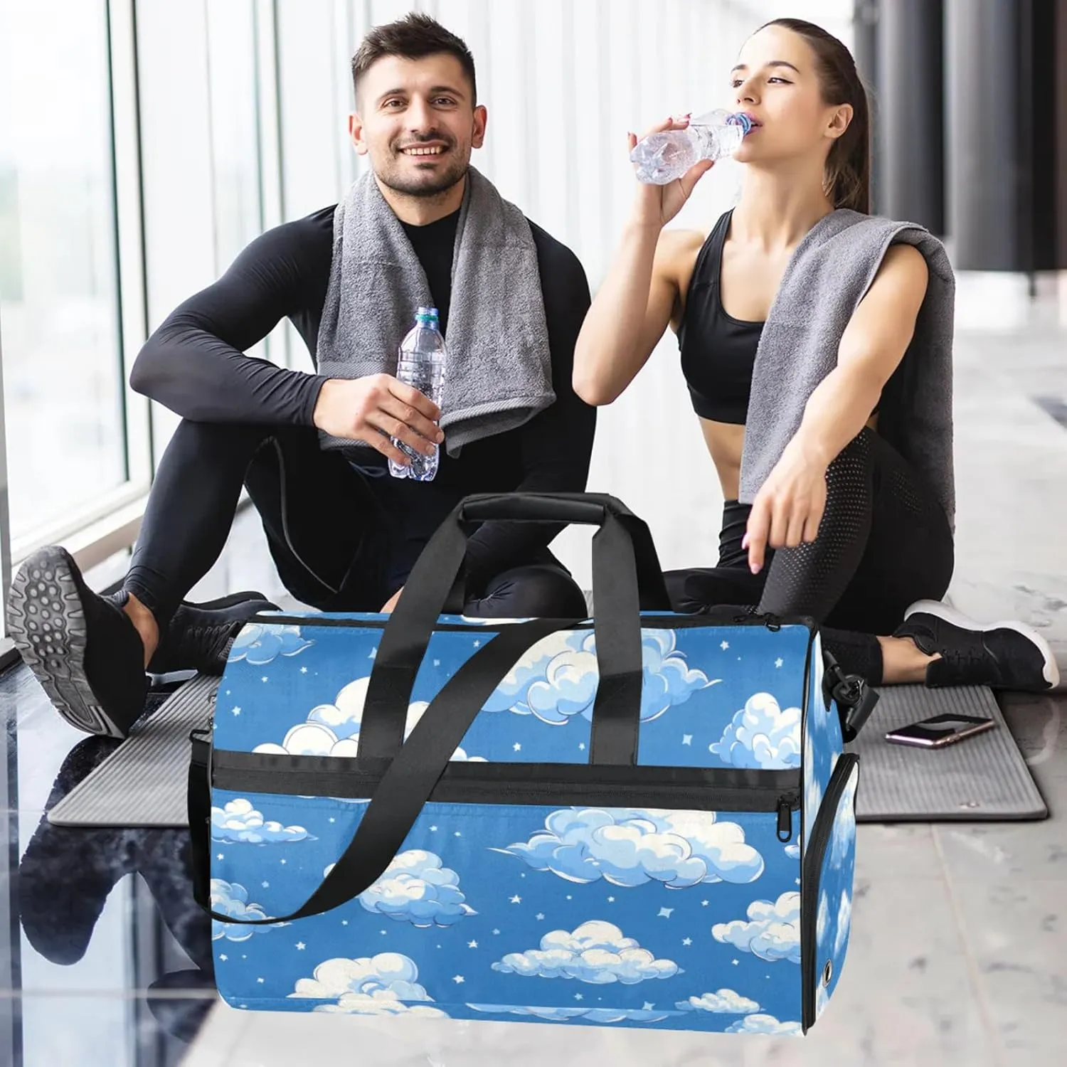 Blue Gym Bags for Men Women, 43L Medium Sports Cloud Patreen Travel Duffel Bag for Men with Shoe Compartment,Carry on Bags for Airplanes Women