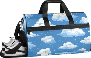 Blue Gym Bags for Men Women, 43L Medium Sports Cloud Patreen Travel Duffel Bag for Men with Shoe Compartment,Carry on Bags for Airplanes Women