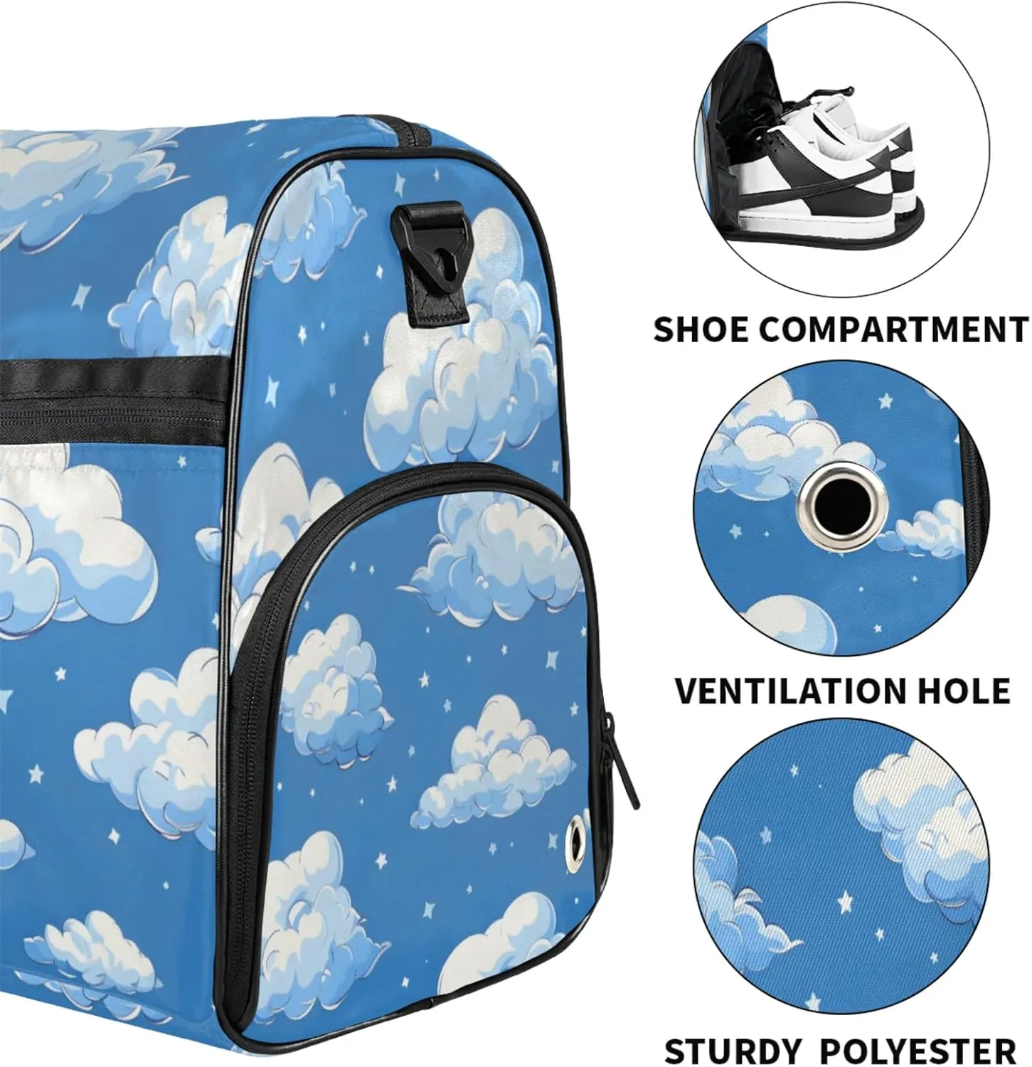 Blue Gym Bags for Men Women, 43L Medium Sports Cloud Patreen Travel Duffel Bag for Men with Shoe Compartment,Carry on Bags for Airplanes Women
