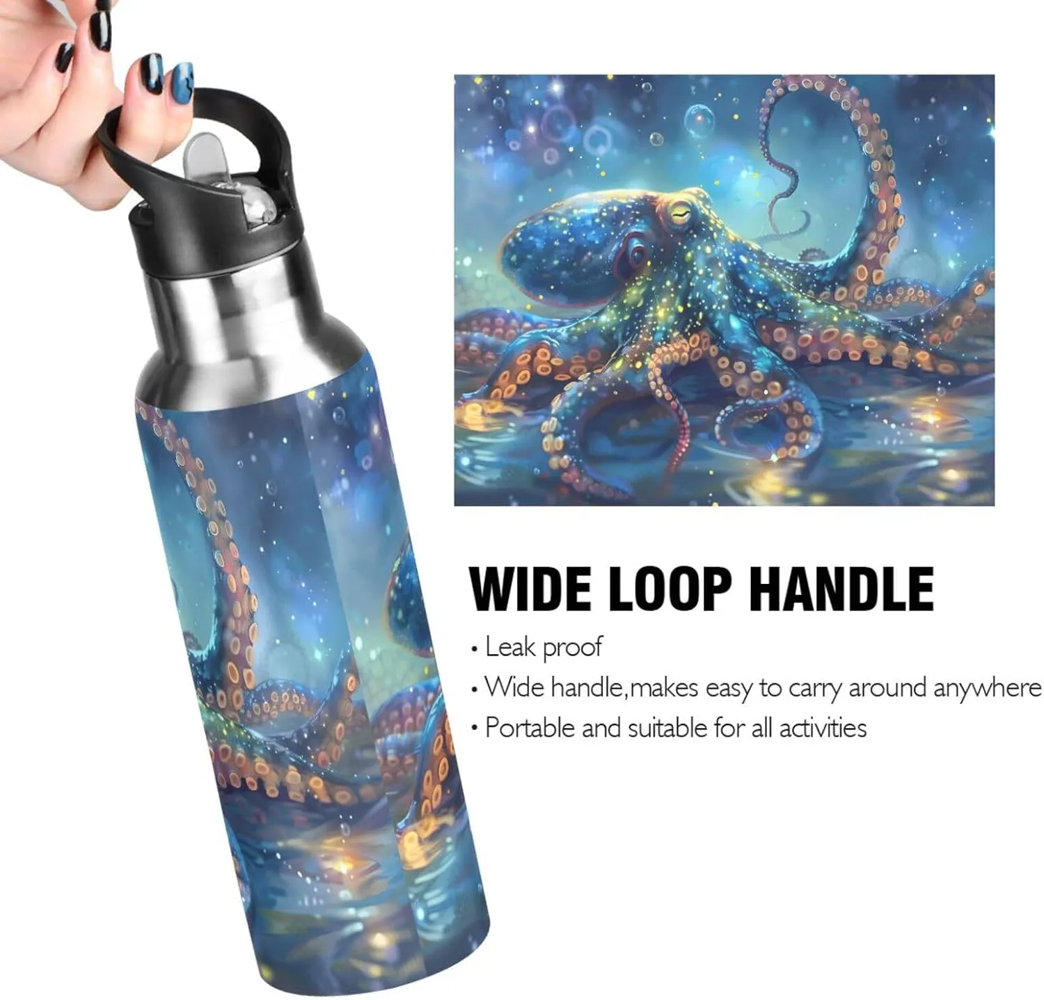 Blue Octopus Galaxy Water Bottle Kids Boys Girls Insulated Stainless Steel Hot Cold Water Flask with Straw Lid for Sports Gym Running 20 oz