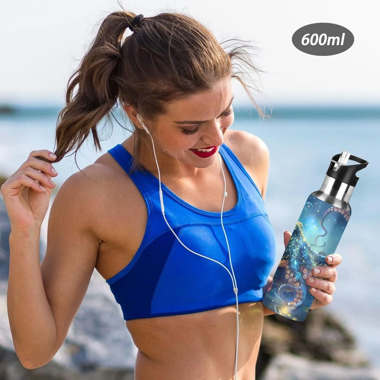 Blue Octopus Galaxy Water Bottle Kids Boys Girls Insulated Stainless Steel Hot Cold Water Flask with Straw Lid for Sports Gym Running 20 oz