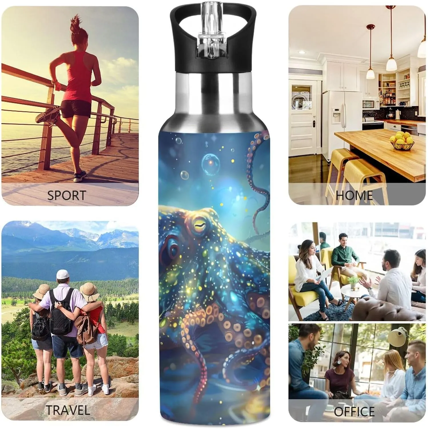 Blue Octopus Galaxy Water Bottle Kids Boys Girls Insulated Stainless Steel Hot Cold Water Flask with Straw Lid for Sports Gym Running 20 oz