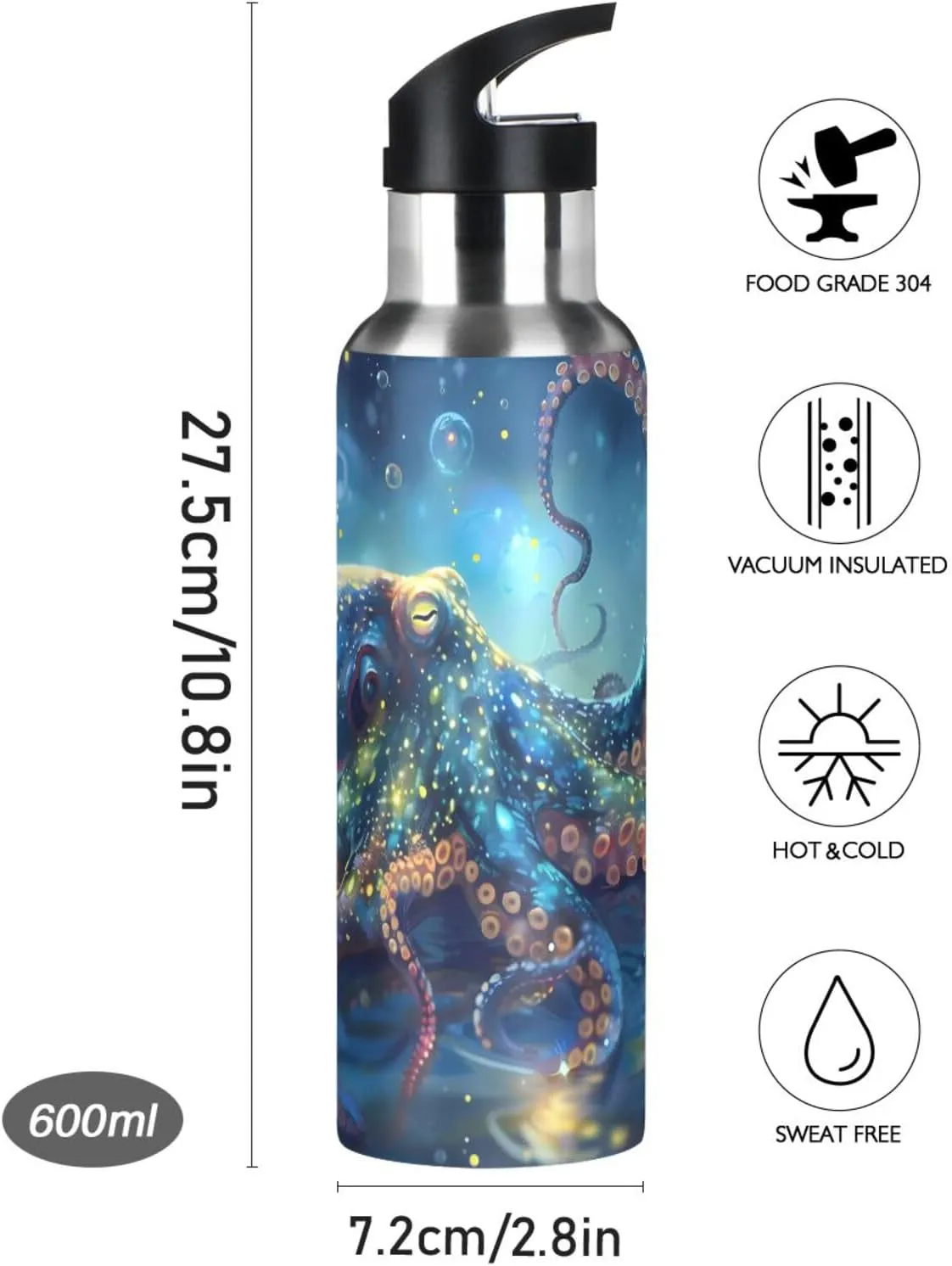 Blue Octopus Galaxy Water Bottle Kids Boys Girls Insulated Stainless Steel Hot Cold Water Flask with Straw Lid for Sports Gym Running 20 oz