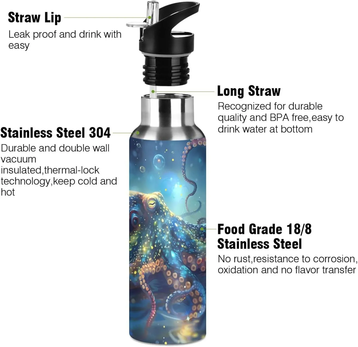Blue Octopus Galaxy Water Bottle Kids Boys Girls Insulated Stainless Steel Hot Cold Water Flask with Straw Lid for Sports Gym Running 20 oz