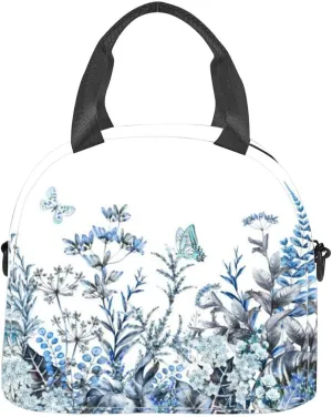 Blue rim Border Herbs and wild flowers leaves Botanical Colorful white Insulated Adult Lunch Bag with Shoulder Strap for Women Lightweight Reusable Portable Freezable Lunch Tote Bag for Work Picnic
