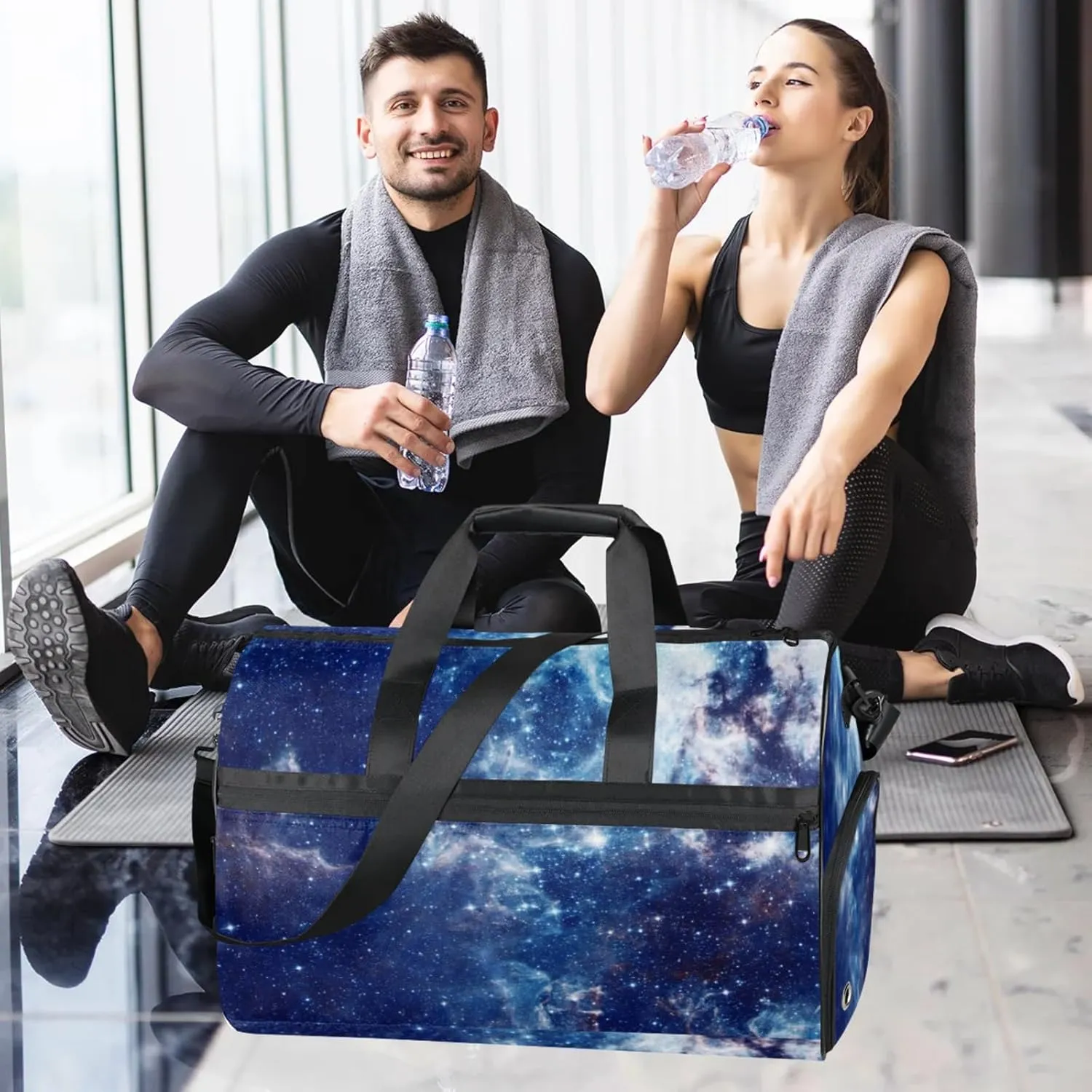 Blue Travel Duffle Bag Large Gym Tote Bag for Women, Weekender Bag Carry on Bag for Airplane, Mysterious Galactic Personal Item Travel Bag