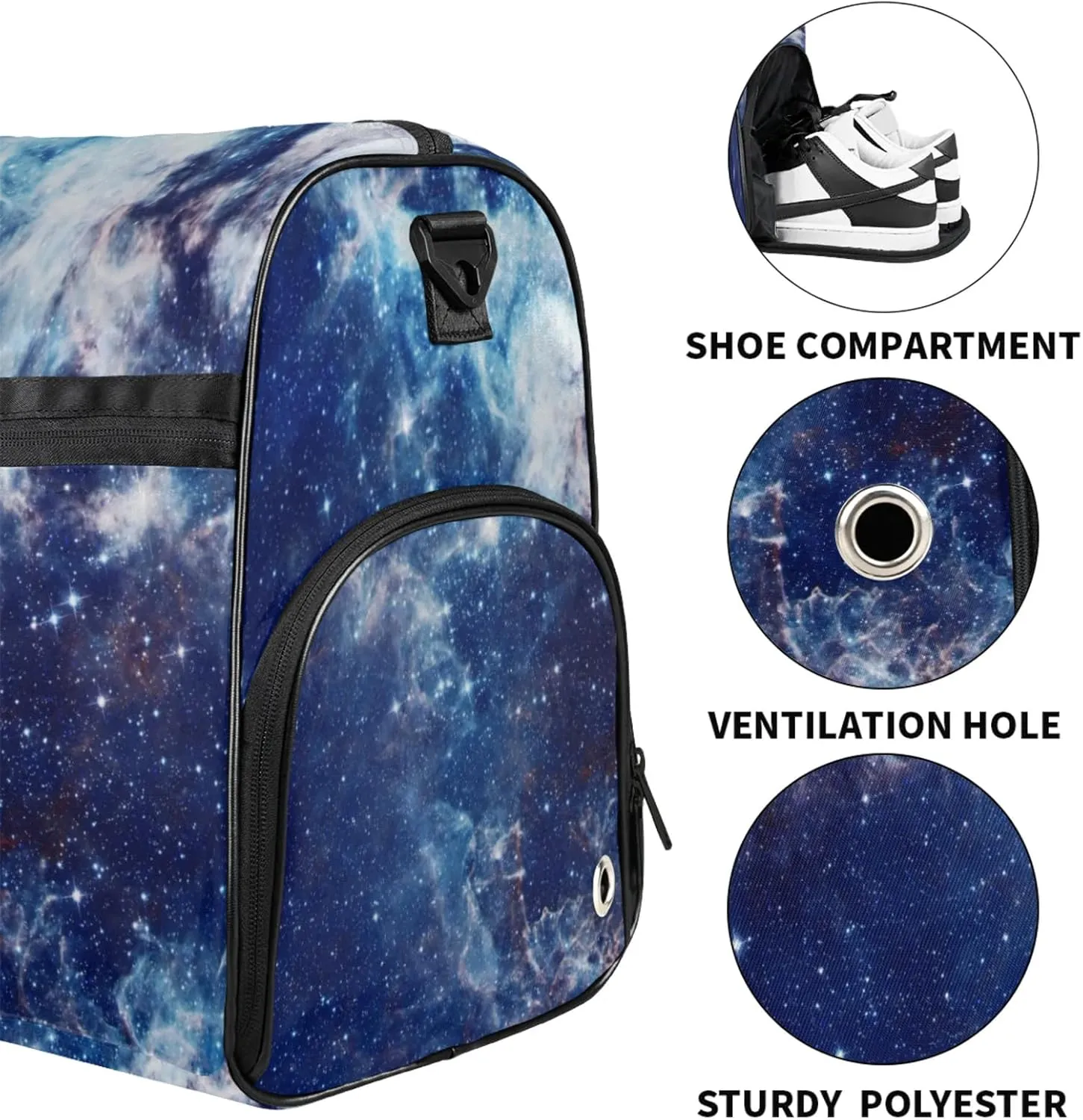 Blue Travel Duffle Bag Large Gym Tote Bag for Women, Weekender Bag Carry on Bag for Airplane, Mysterious Galactic Personal Item Travel Bag