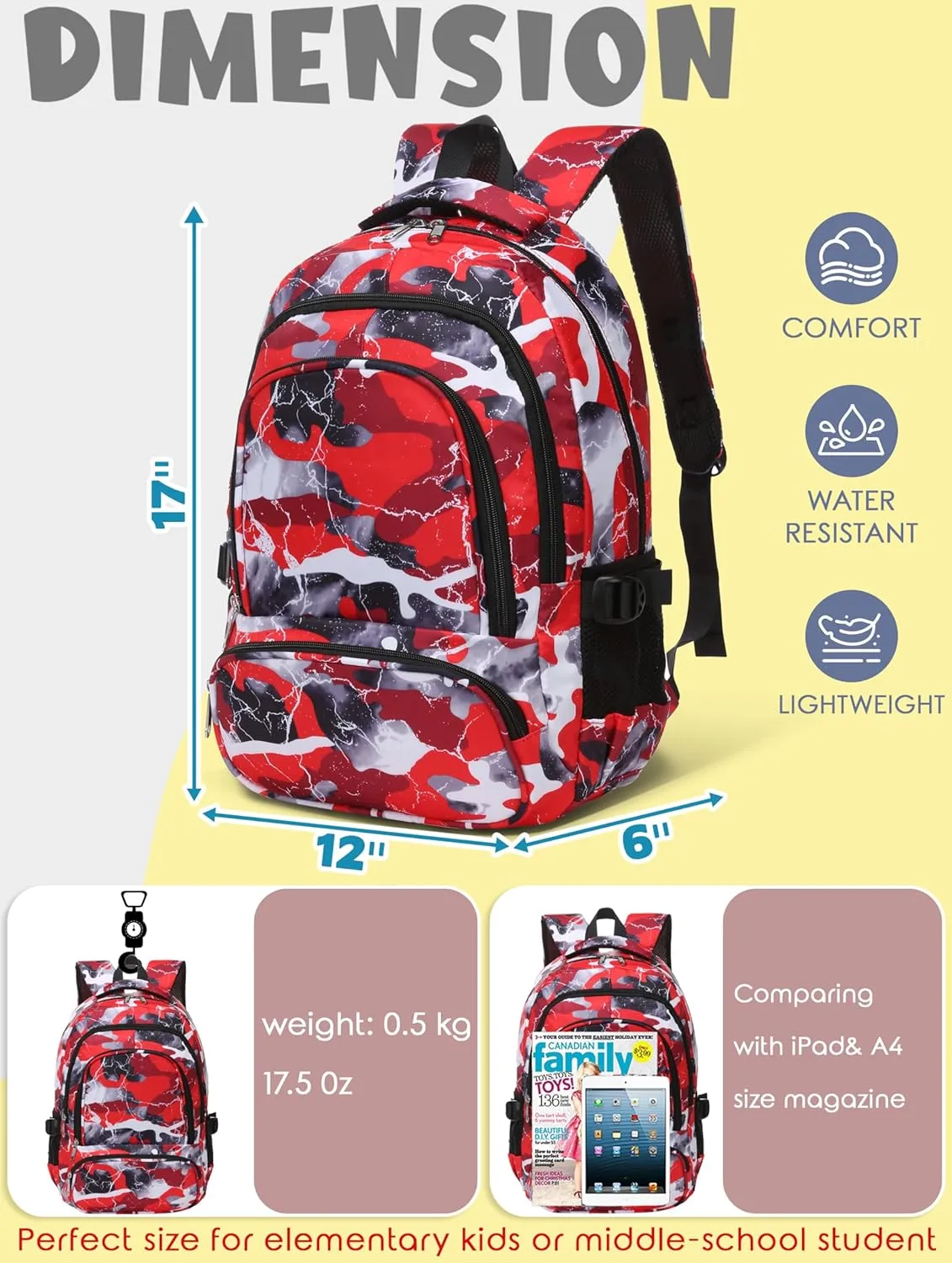 BLUEFAIRY Kids Backpack for Boys and Girls Elementary Primary Middle School Bags Back to School Bookbags Mochila Escolares para Niñas 17 Inch Aged 8-10 Camo Red