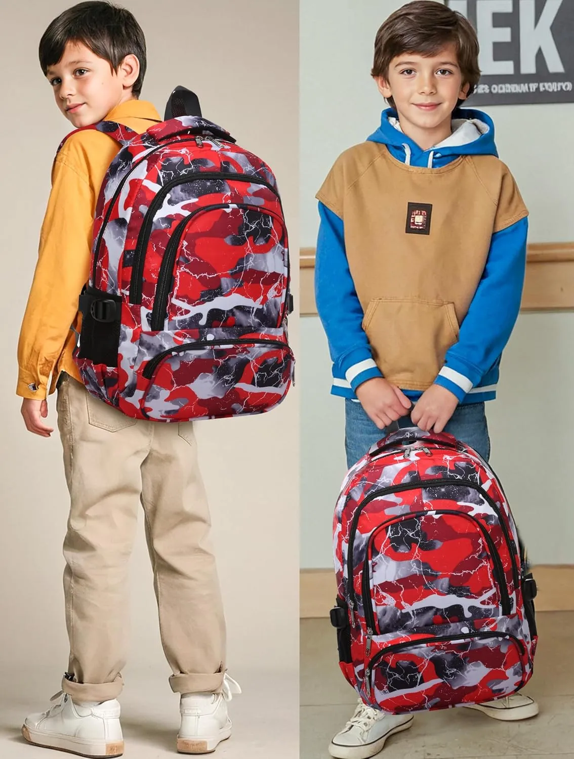 BLUEFAIRY Kids Backpack for Boys and Girls Elementary Primary Middle School Bags Back to School Bookbags Mochila Escolares para Niñas 17 Inch Aged 8-10 Camo Red
