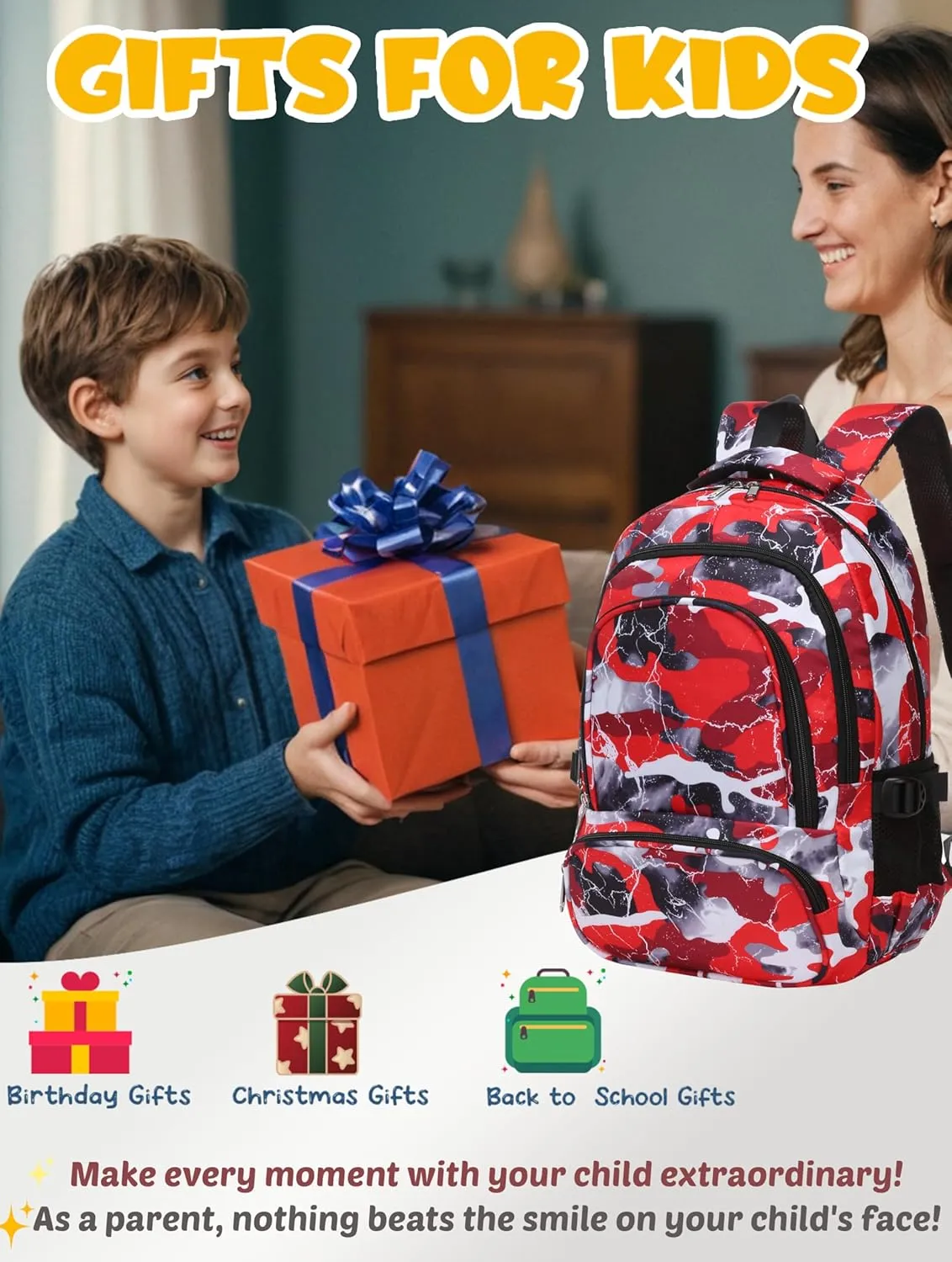 BLUEFAIRY Kids Backpack for Boys and Girls Elementary Primary Middle School Bags Back to School Bookbags Mochila Escolares para Niñas 17 Inch Aged 8-10 Camo Red