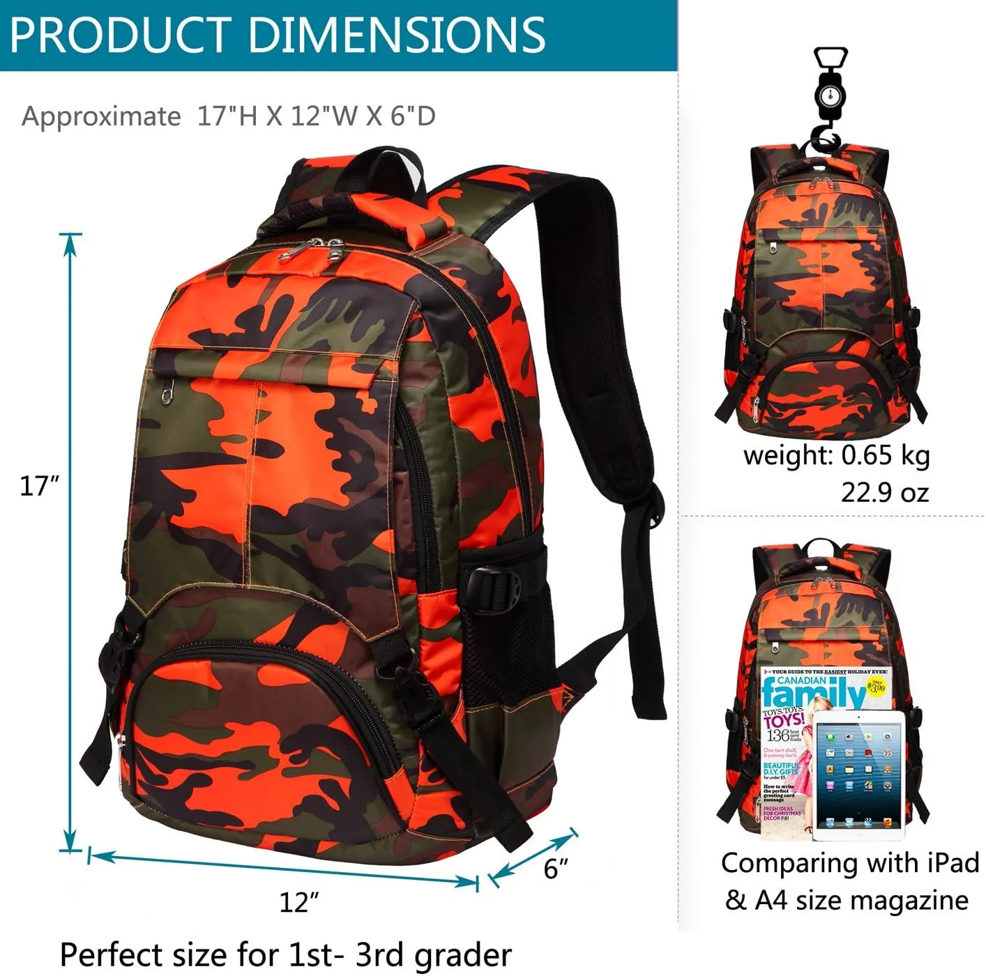 BLUEFAIRY Kids Backpack for Boys Elementary Primary Middle School Book Bags Bookbags Back to School Bags Large Compartment Mochila Escolar para Niños Camouflage Orange