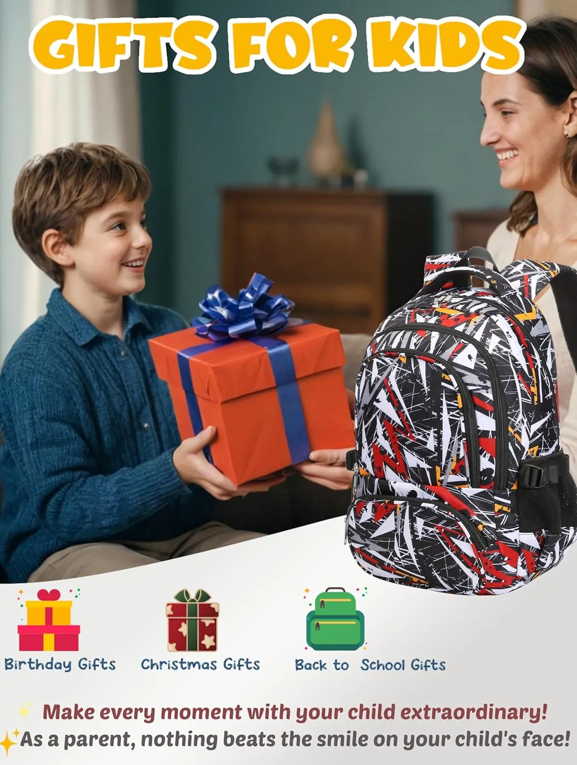 BLUEFAIRY Kids Backpack for Boys Elementary Primary Middle School Book Bags Bookbags Back to School Bags Large Compartment Mochila Escolar para Niños de 8-10 Triangle Black 17”