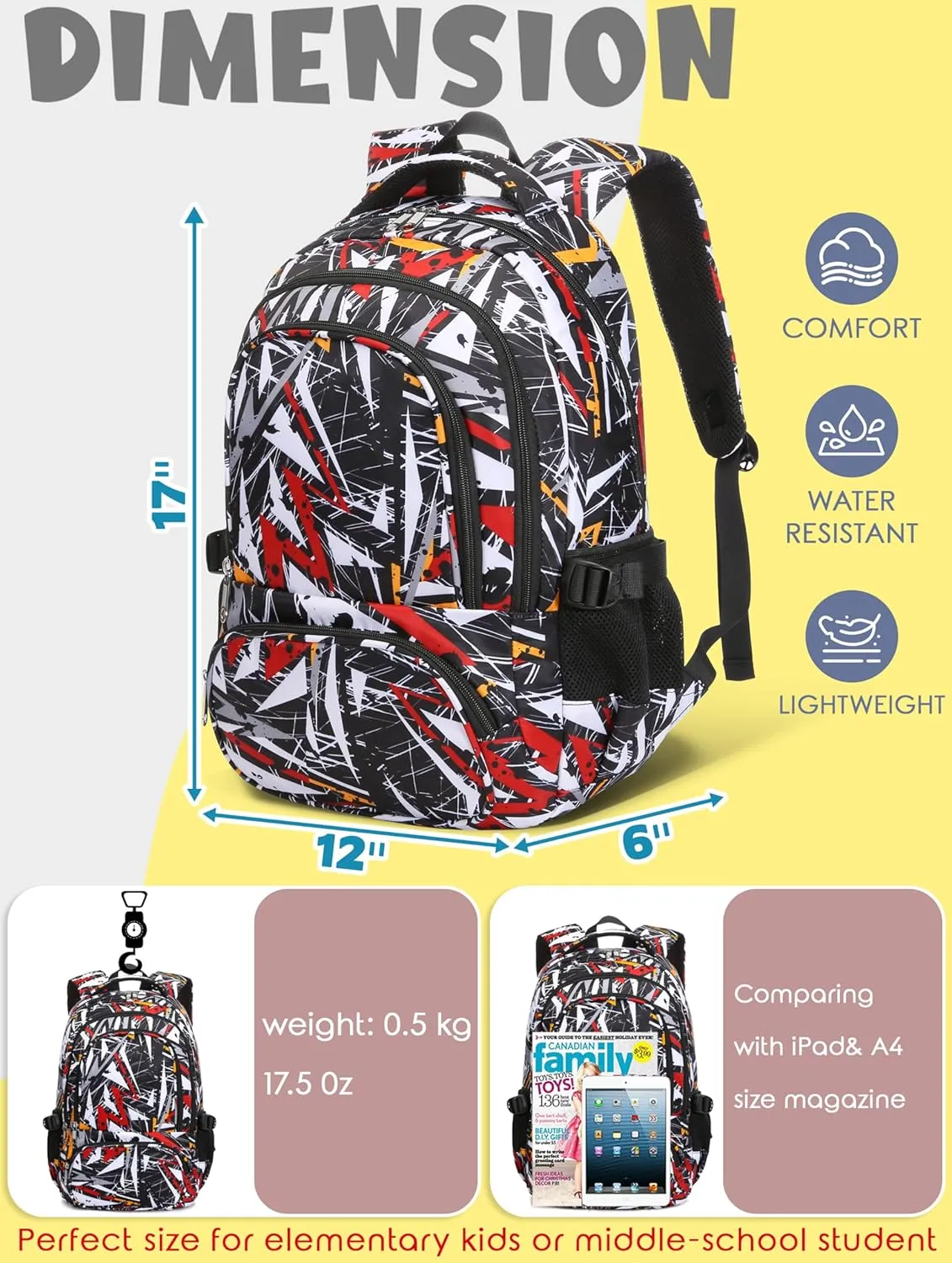 BLUEFAIRY Kids Backpack for Boys Elementary Primary Middle School Book Bags Bookbags Back to School Bags Large Compartment Mochila Escolar para Niños de 8-10 Triangle Black 17”