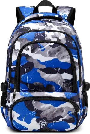 BLUEFAIRY Kids Backpack for Boys Elementary School Bags Primary Middle School Bookbags for Childs Water Resistant Back to School Gifts Son Mochila Escolares para Niños Aged 8-10 17 Inch Camo Blue
