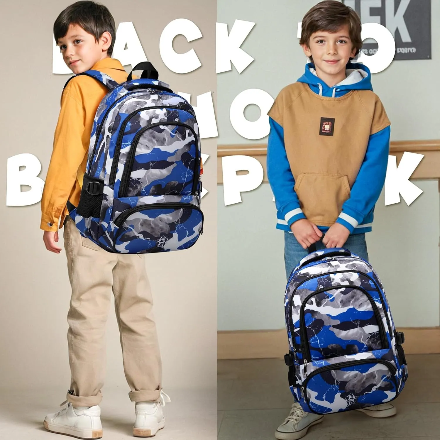 BLUEFAIRY Kids Backpack for Boys Elementary School Bags Primary Middle School Bookbags for Childs Water Resistant Back to School Gifts Son Mochila Escolares para Niños Aged 8-10 17 Inch Camo Blue