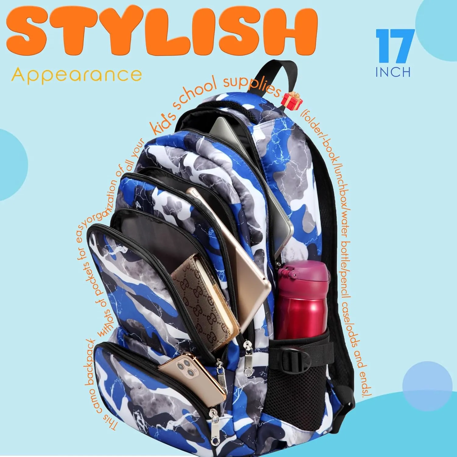 BLUEFAIRY Kids Backpack for Boys Elementary School Bags Primary Middle School Bookbags for Childs Water Resistant Back to School Gifts Son Mochila Escolares para Niños Aged 8-10 17 Inch Camo Blue