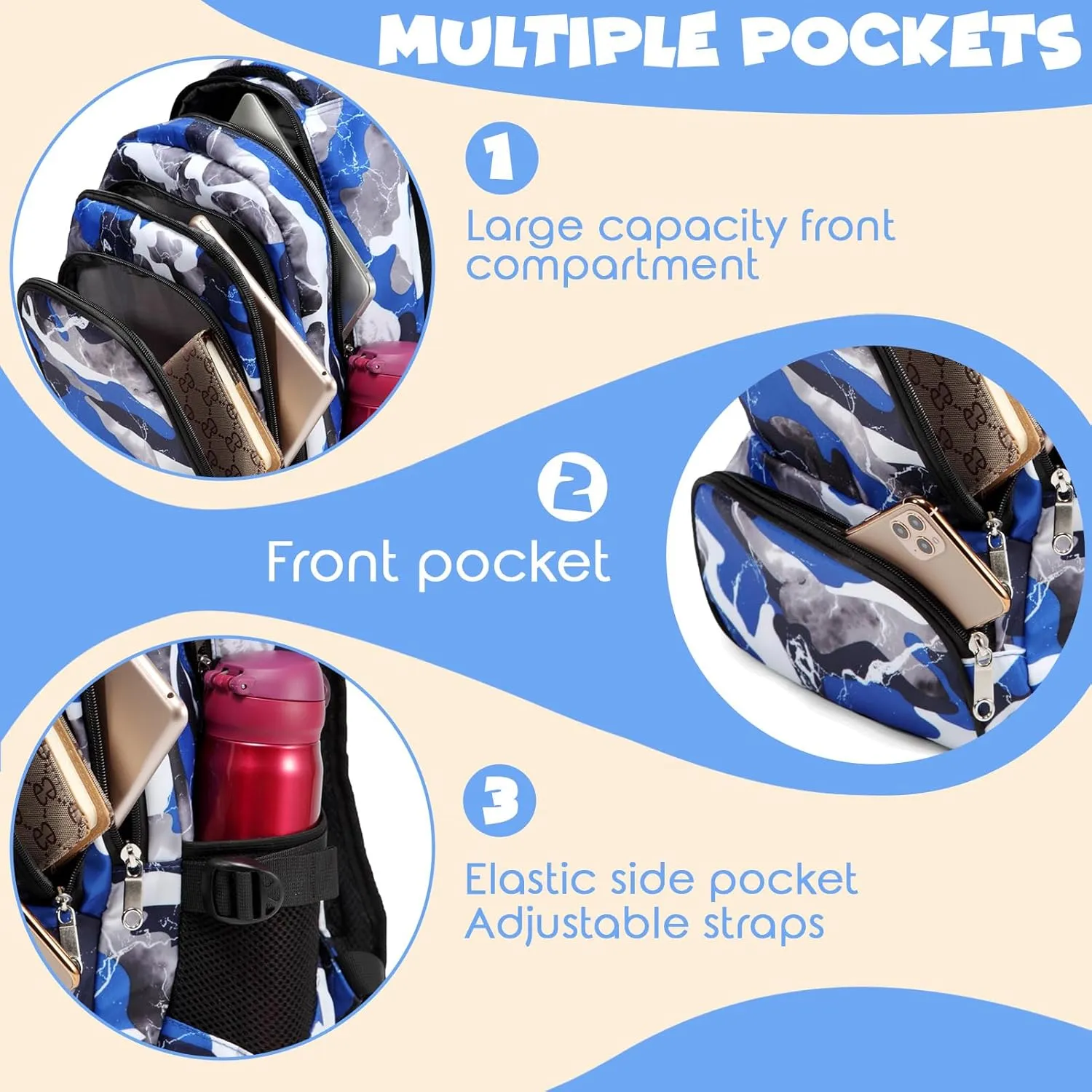 BLUEFAIRY Kids Backpack for Boys Elementary School Bags Primary Middle School Bookbags for Childs Water Resistant Back to School Gifts Son Mochila Escolares para Niños Aged 8-10 17 Inch Camo Blue