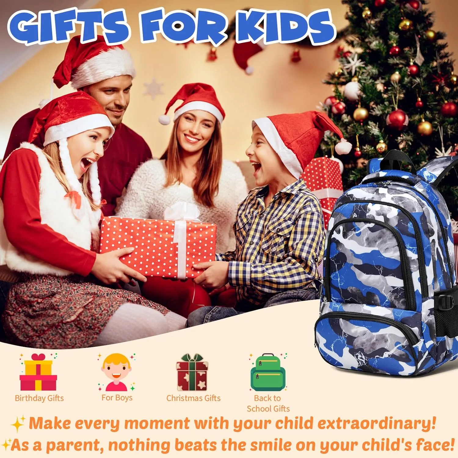 BLUEFAIRY Kids Backpack for Boys Elementary School Bags Primary Middle School Bookbags for Childs Water Resistant Back to School Gifts Son Mochila Escolares para Niños Aged 8-10 17 Inch Camo Blue