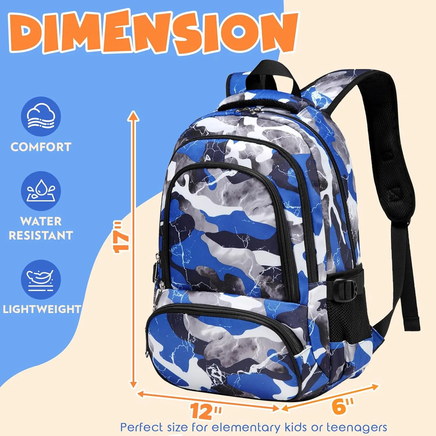 BLUEFAIRY Kids Backpack for Boys Elementary School Bags Primary Middle School Bookbags for Childs Water Resistant Back to School Gifts Son Mochila Escolares para Niños Aged 8-10 17 Inch Camo Blue