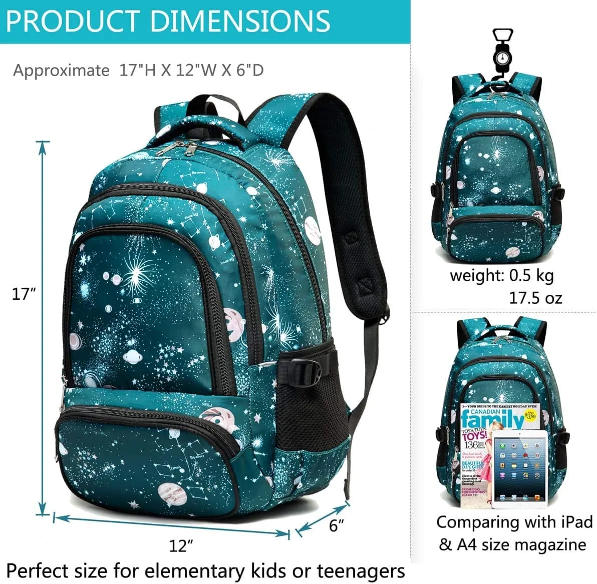 BLUEFAIRY Kids Backpack for Boys Girls School Bookbags for Elementary Primary Middle School Bags Book Bags for Teens Adolescentes Back to School Gifts Mochilas Escolares para Niñas Galaxy Cyan