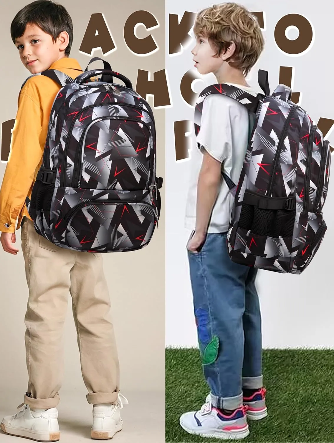 BLUEFAIRY Kids Backpack for Boys School Bookbags for Elementary Primary Middle School Bags Book Bags for Teens Adolescentes Childs Back to School Gifts Mochilas para Niños Aged 8-10 Geometric Grey