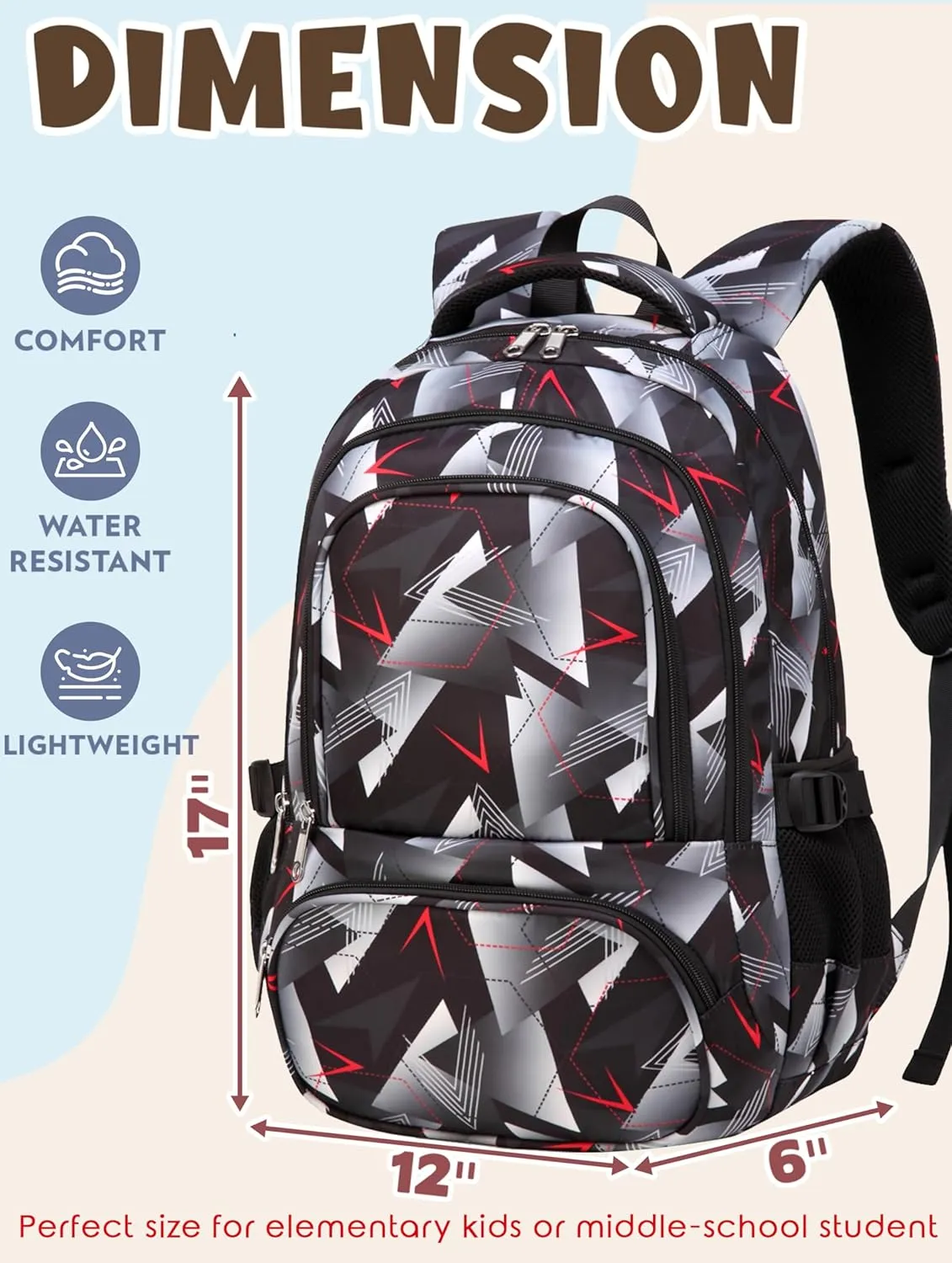 BLUEFAIRY Kids Backpack for Boys School Bookbags for Elementary Primary Middle School Bags Book Bags for Teens Adolescentes Childs Back to School Gifts Mochilas para Niños Aged 8-10 Geometric Grey