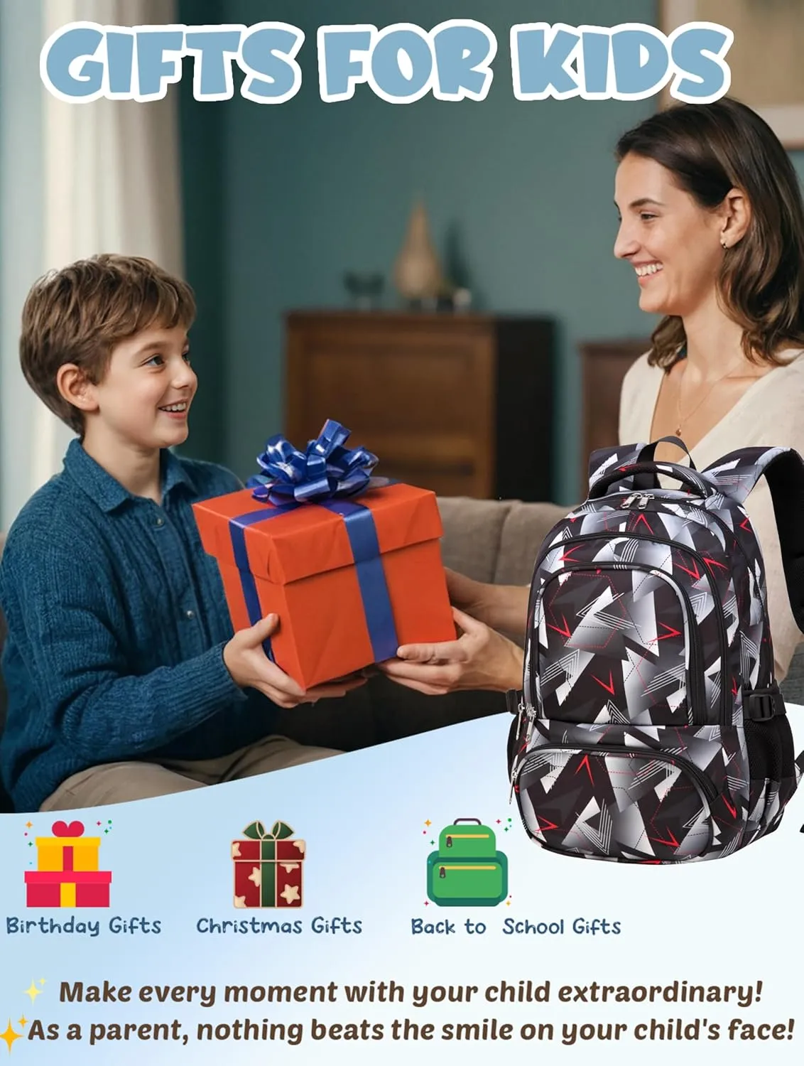 BLUEFAIRY Kids Backpack for Boys School Bookbags for Elementary Primary Middle School Bags Book Bags for Teens Adolescentes Childs Back to School Gifts Mochilas para Niños Aged 8-10 Geometric Grey